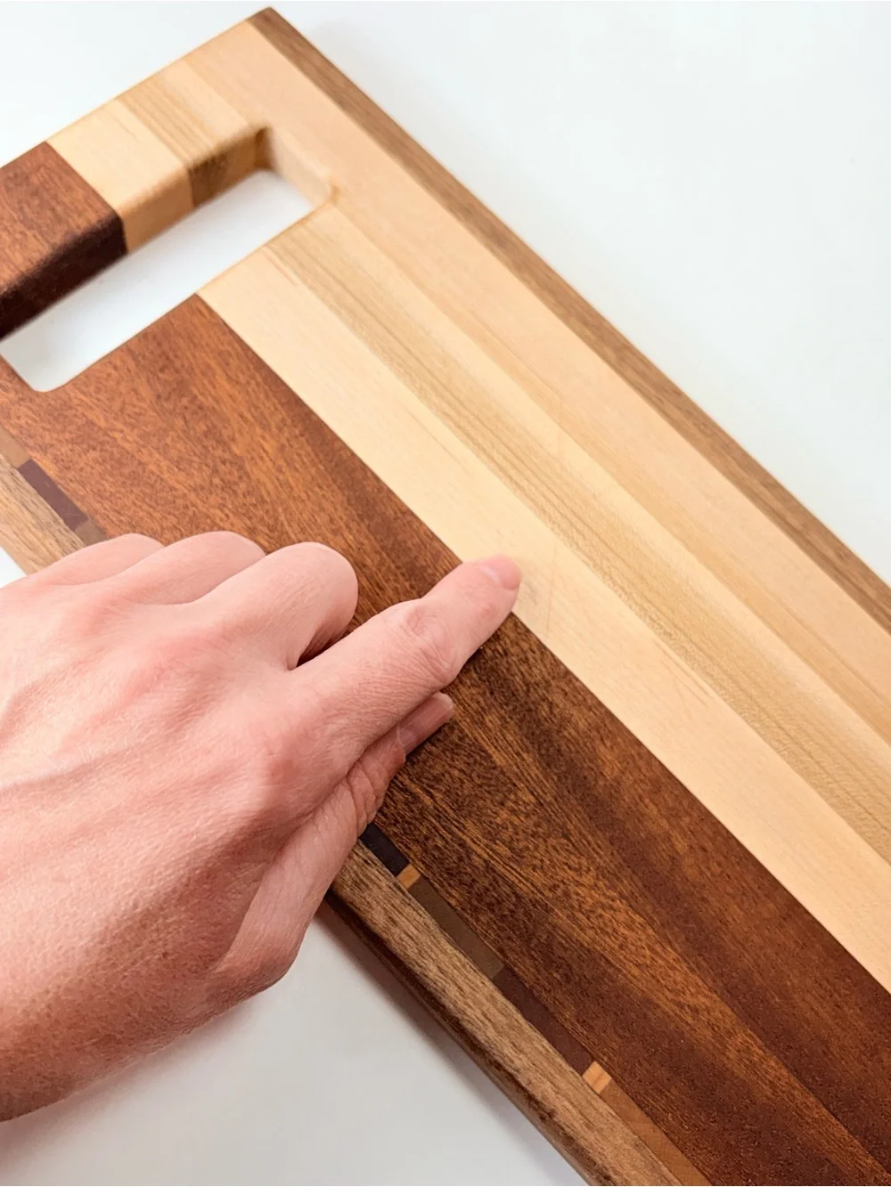 Wood Serving or Cutting Board with Built-In Handle Muilti Tone Wood Inlay